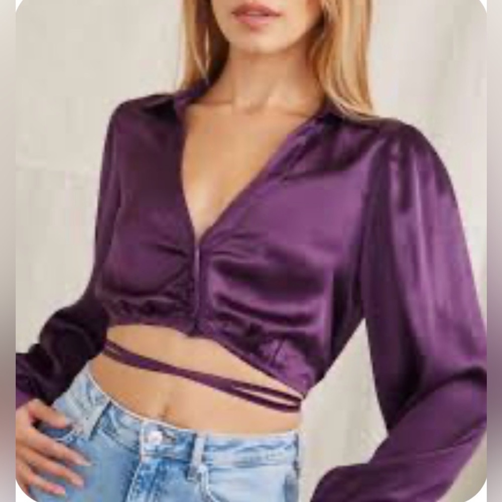 Deep Purple Satin cropped button collar Blouse wrap Womens size small Forever 21